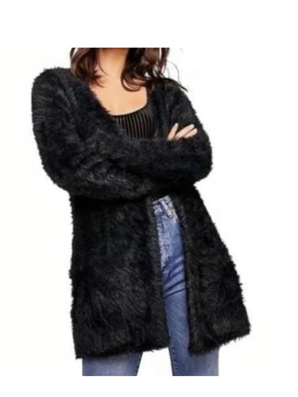Free People Black Fuzzy Open-Front Cardigan M